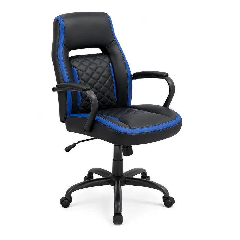 Chaise de bureau en similicuir Noir et Bleu avec roulettes