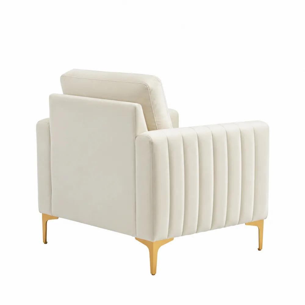 Fauteuil en tissu polyester crème avec pieds en métal doré