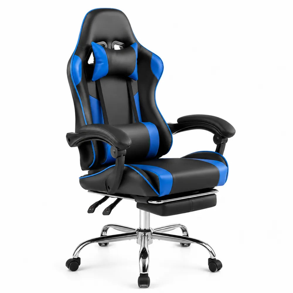 Chaise de bureau en cuir synthétique noir et bleu avec repose-pieds