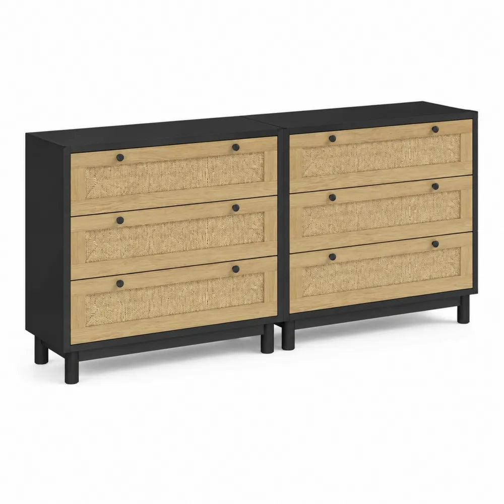 Commode en bois et rotin 6 tiroirs Noir et Beige