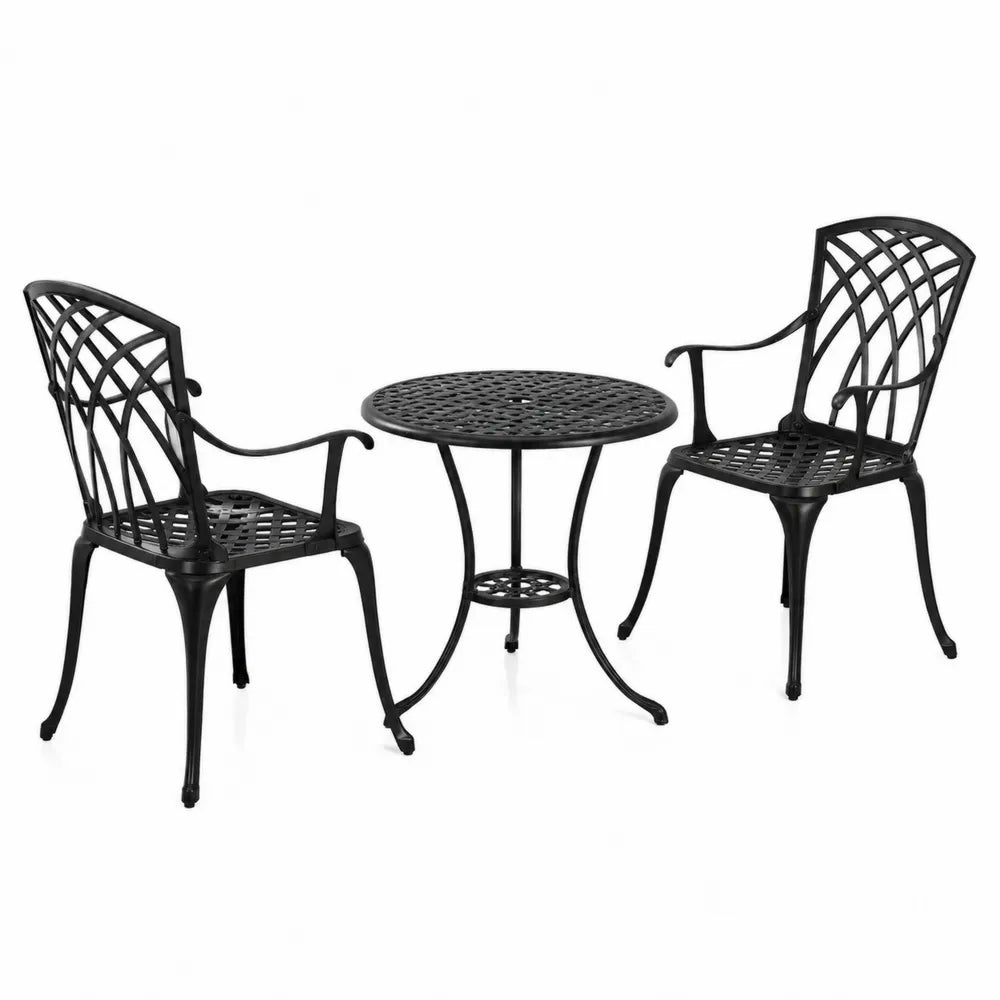 Ensemble de mobilier extérieur en métal noir avec table ronde et deux chaises
