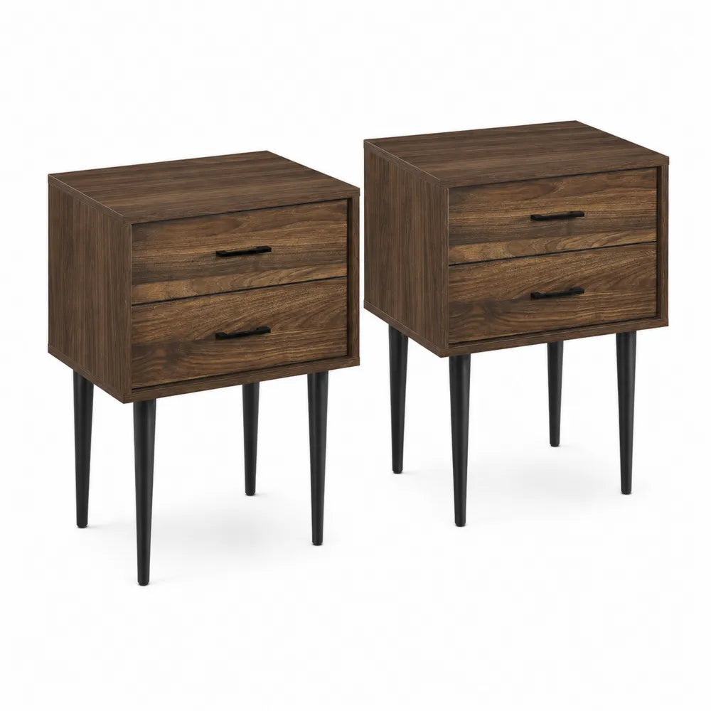 Lot de 2 tables de chevet en bois avec pieds métalliques, 2 tiroirs