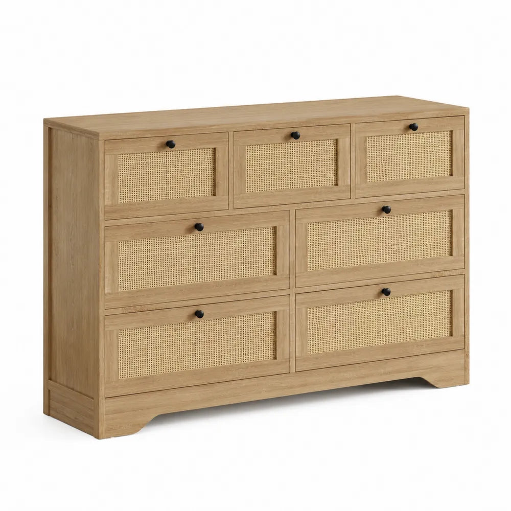 Commode en chêne et rotin 7 tiroirs