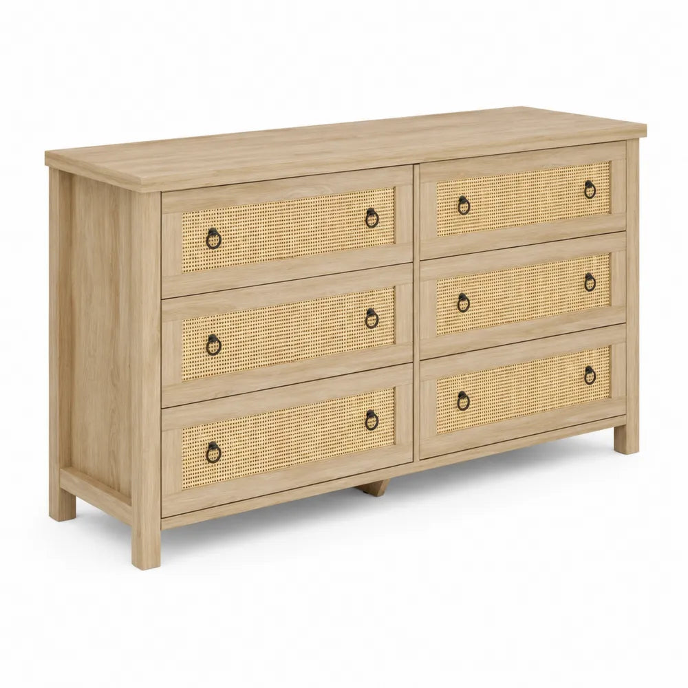 Commode en bois de chêne avec 6 tiroirs en rotin
